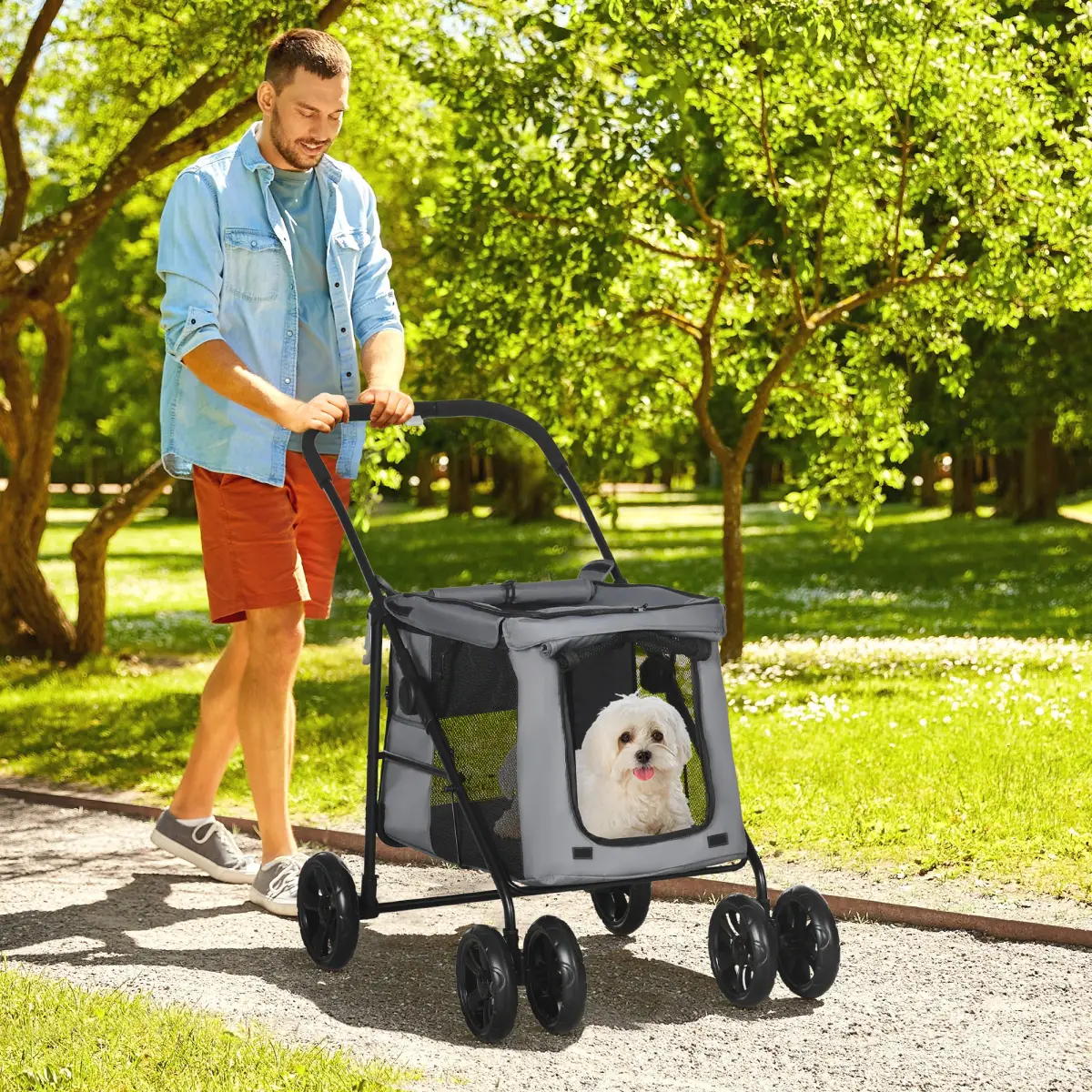 PawHut PawHut One-click Foldable Pet Stroller w/ Mesh Windows, for Small Pets - Grey - Pet Carrier