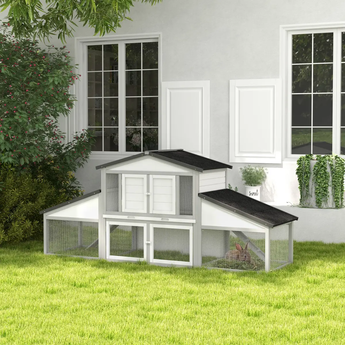 PawHut PawHut Large Rabbit Hutch with Run, Tray, Ramp, Wooden Guinea Pig House, Grey - Rabbit Hutch