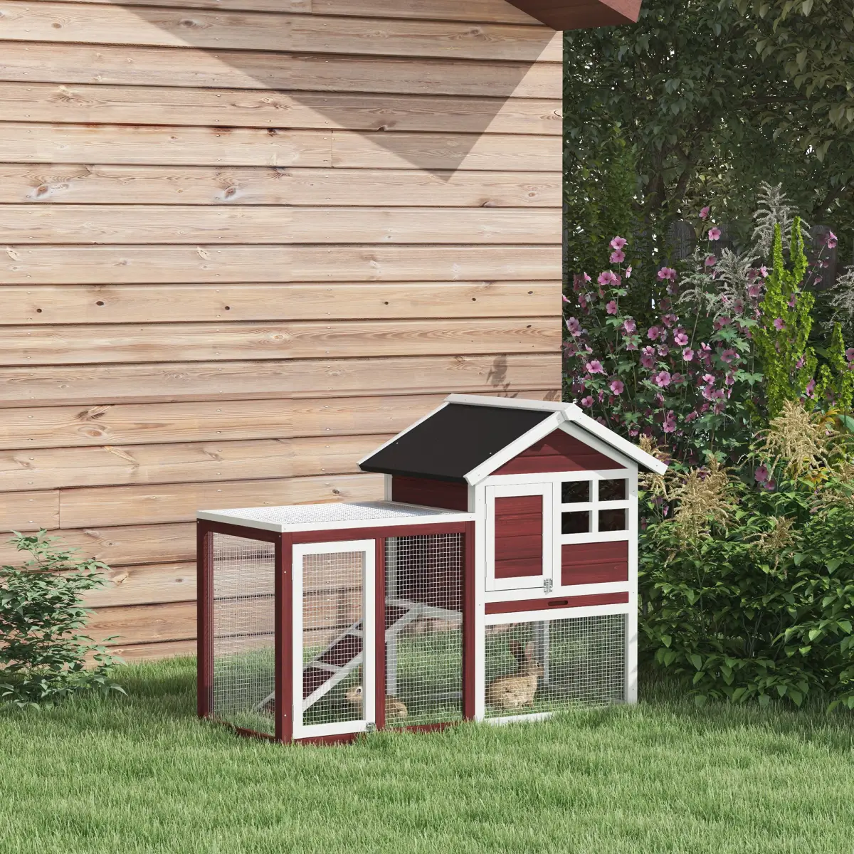 Pawhut 122cm Rabbit Hutch Cage Bunny House Wooden Habitat Pet Small Animal w/ Tray Ramp - Rabbit Hutch