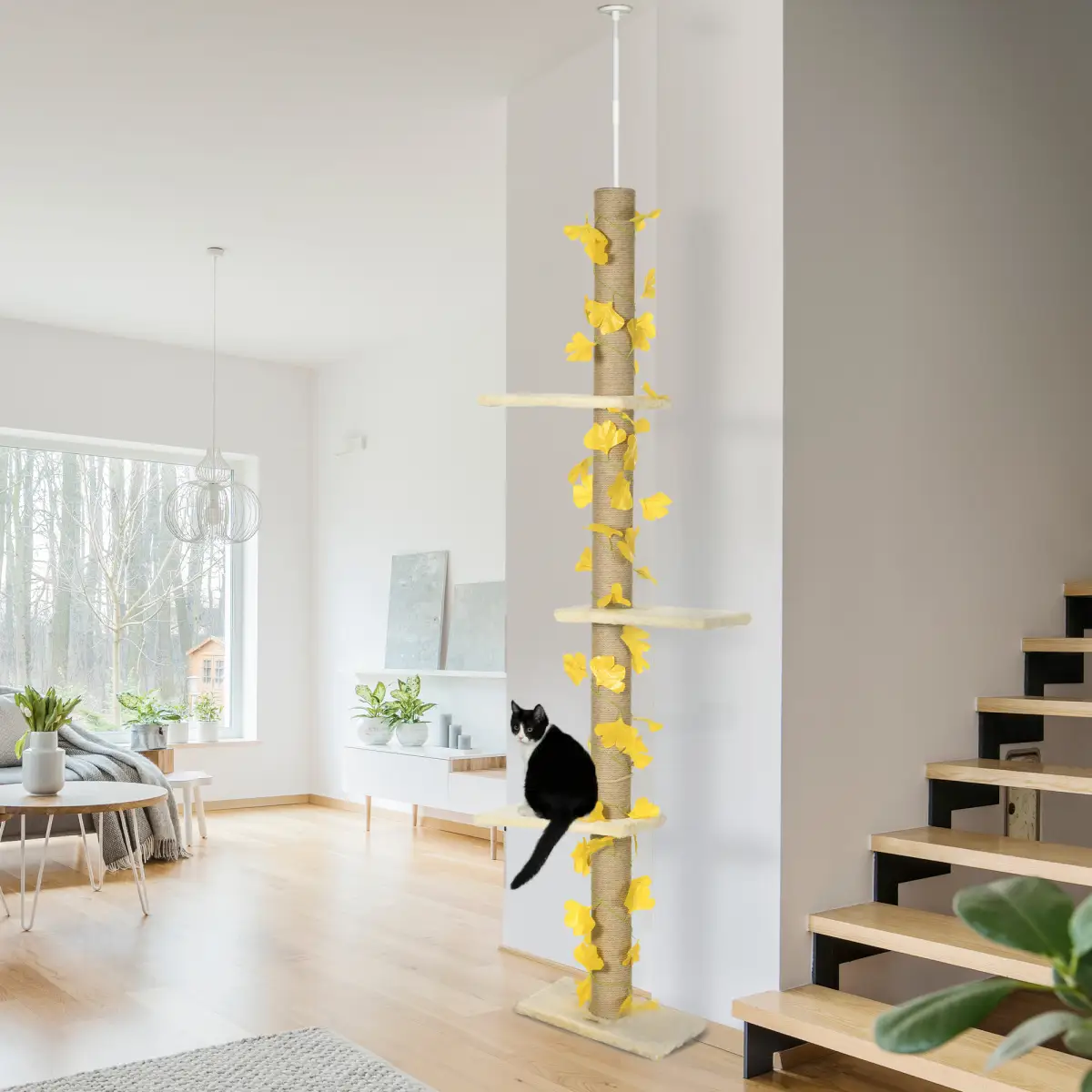 PawHut 242cm Adjustable Floor-To-Ceiling Cat Tree w/ Anti-Slip Kit - Yellow - Cat Tree