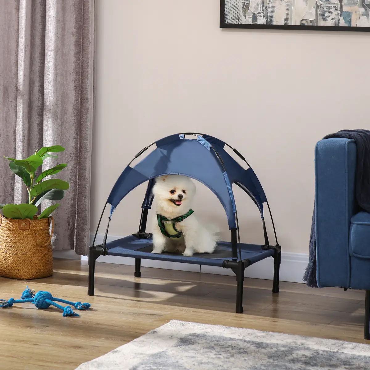PawHut PawHut 61cm Elevated Dog Bed Cooling Raised Pet Cot UV Protection Canopy Blue - Dog Beds