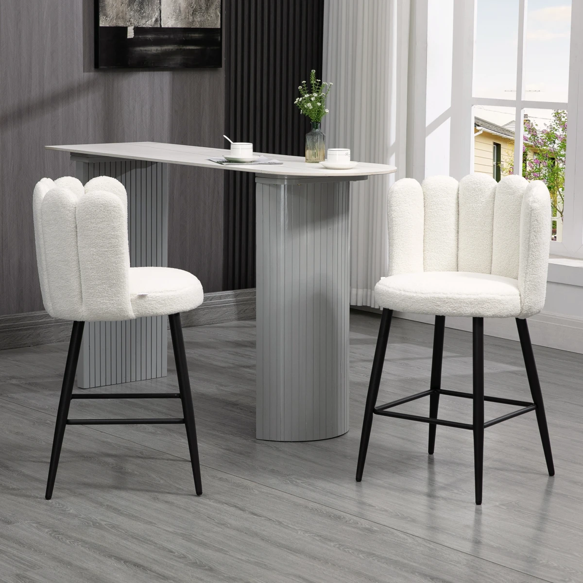 HOMCOM HOMCOM Bar Stool Set Of 2 With Backs Cream Cushioned Faux Cashmere Thick Foam With Adjustable Feet For Breakfast Bar - Bar Stool