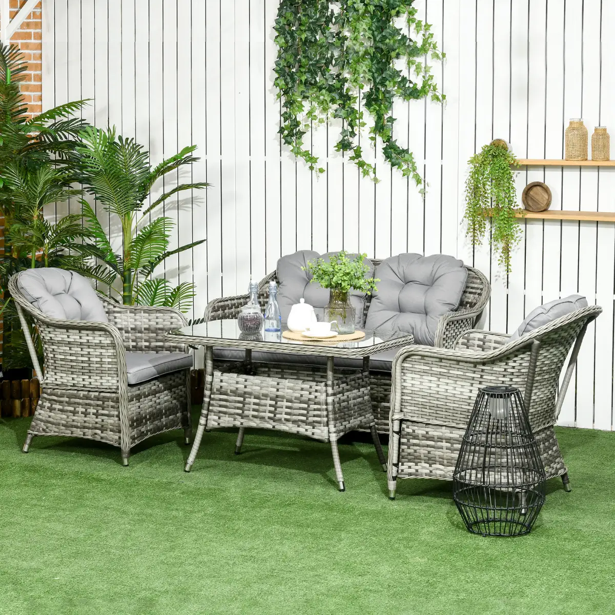 Outsunny 4 PCS Rattan Garden Furniture, Padded Conversation Sofa Set w/ Glass Top Table - Garden Set