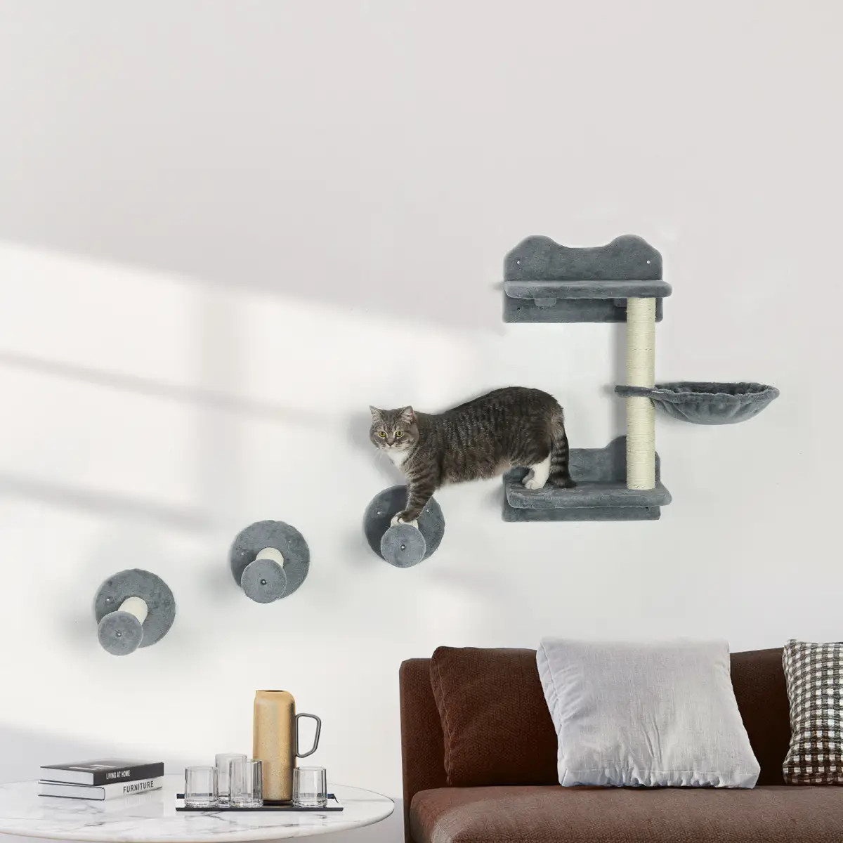 PawHut Cat Shelf with Scratching Post, Wall-Mounted Cat Tree for Indoor Cat - Grey - Cat Tree