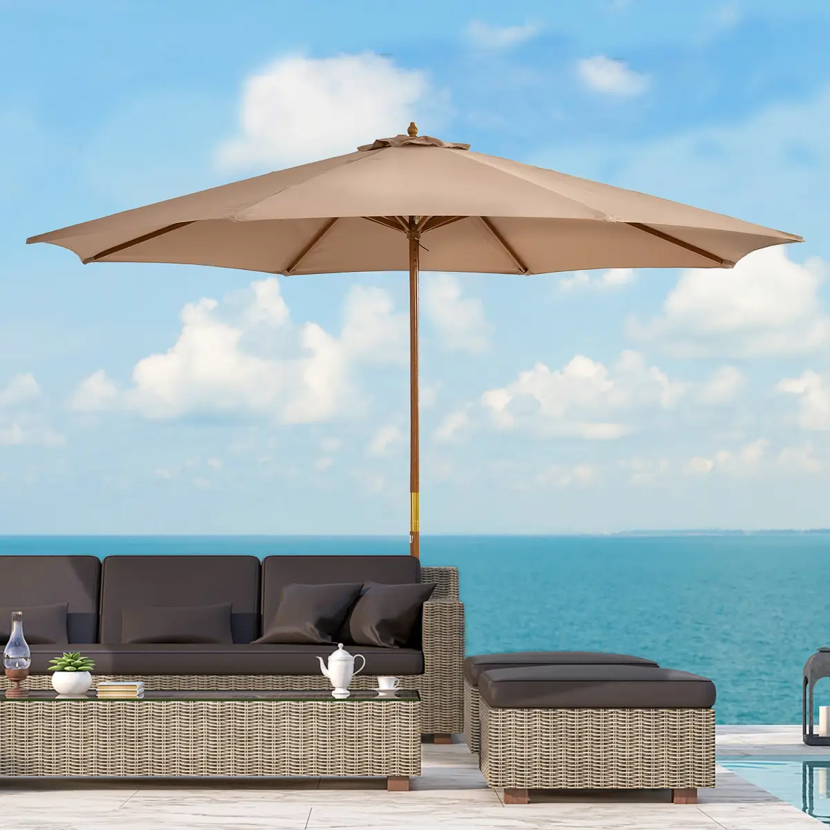 Outsunny Outsunny 3(m) Wooden Garden Parasol Sun Shade Outdoor Umbrella Canopy Khaki - Parasol