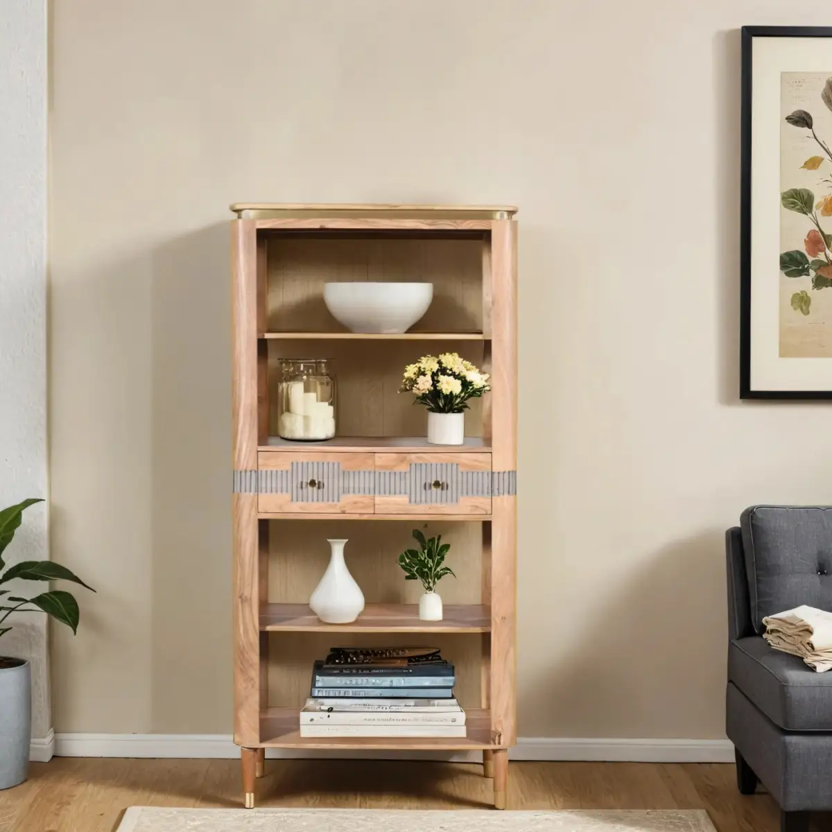Indian Hub Wilton Acacia Wood 2 Drawers Open Bookcase - Bookcase