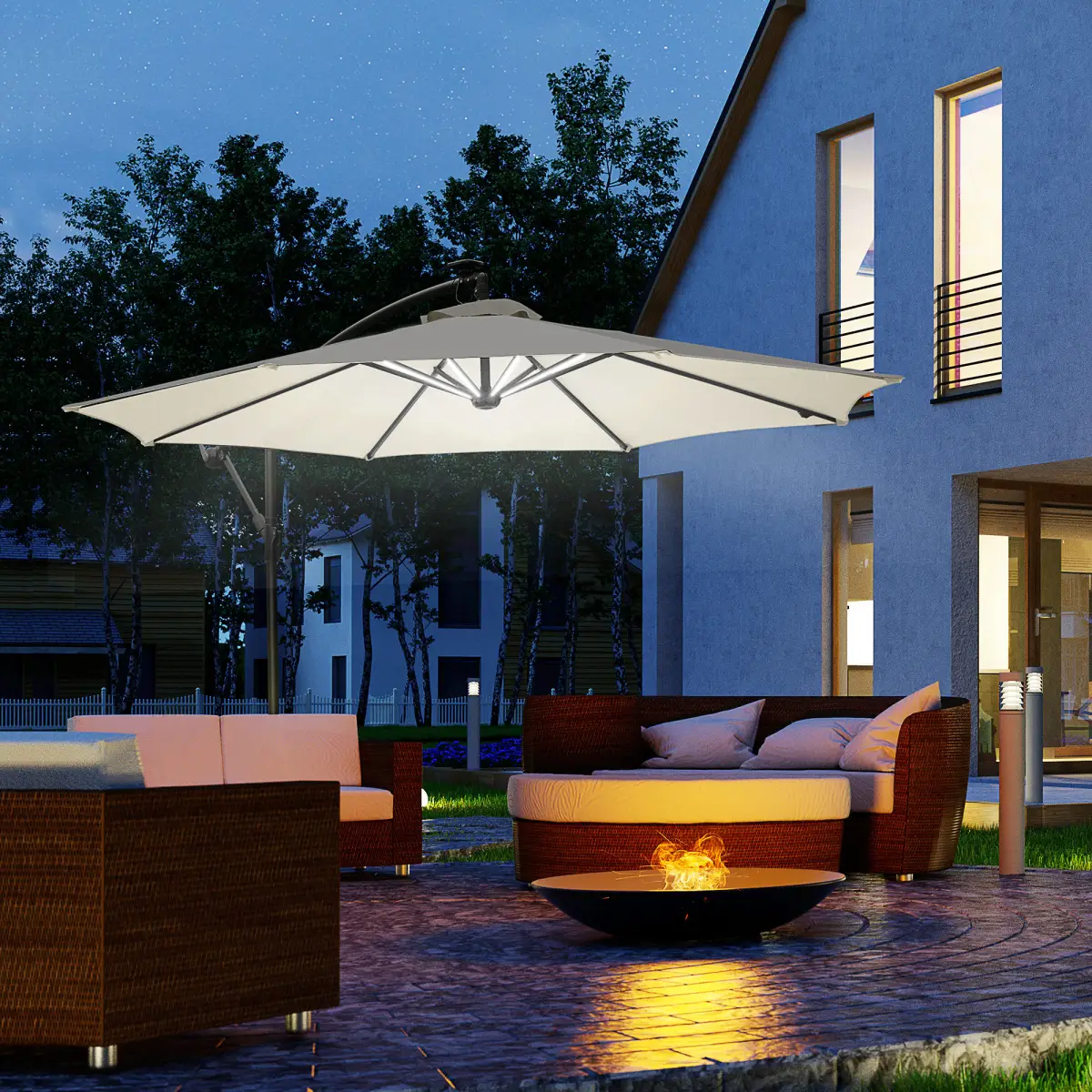 Outsunny Outsunny Umbrella Parasol W/Solar Powered LED stripes, ?2.95x2.45H m-Cream - Parasol