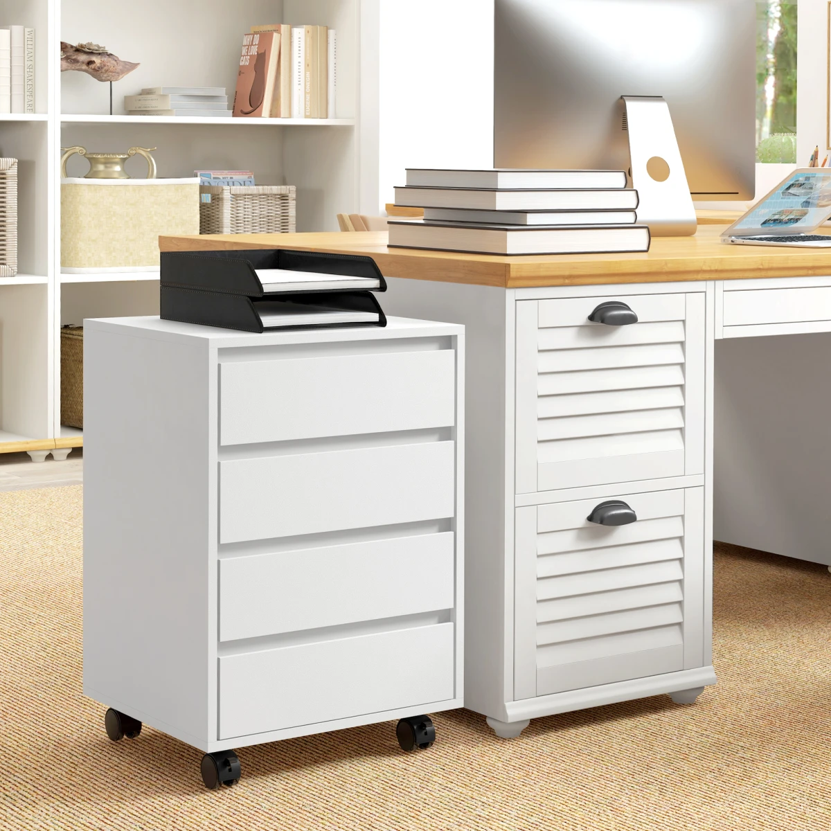 Versatile White Mobile Filing Cabinet Four Drawer Lockable Wheels Office Organization by HOMCOM