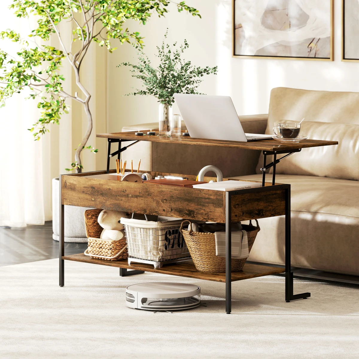 HOMCOM Industrial Lift Top Coffee Table With Storage Shelf Rustic Brown For Living Room And Home Office by HOMCOM