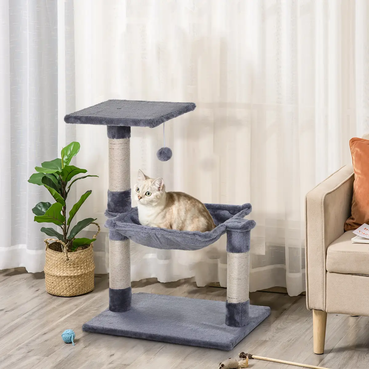 Pawhut Cat Tree Scratching Posts Natural Sisal Hammock Bed Kitty Activity Center 70Hcm - Cat Tree