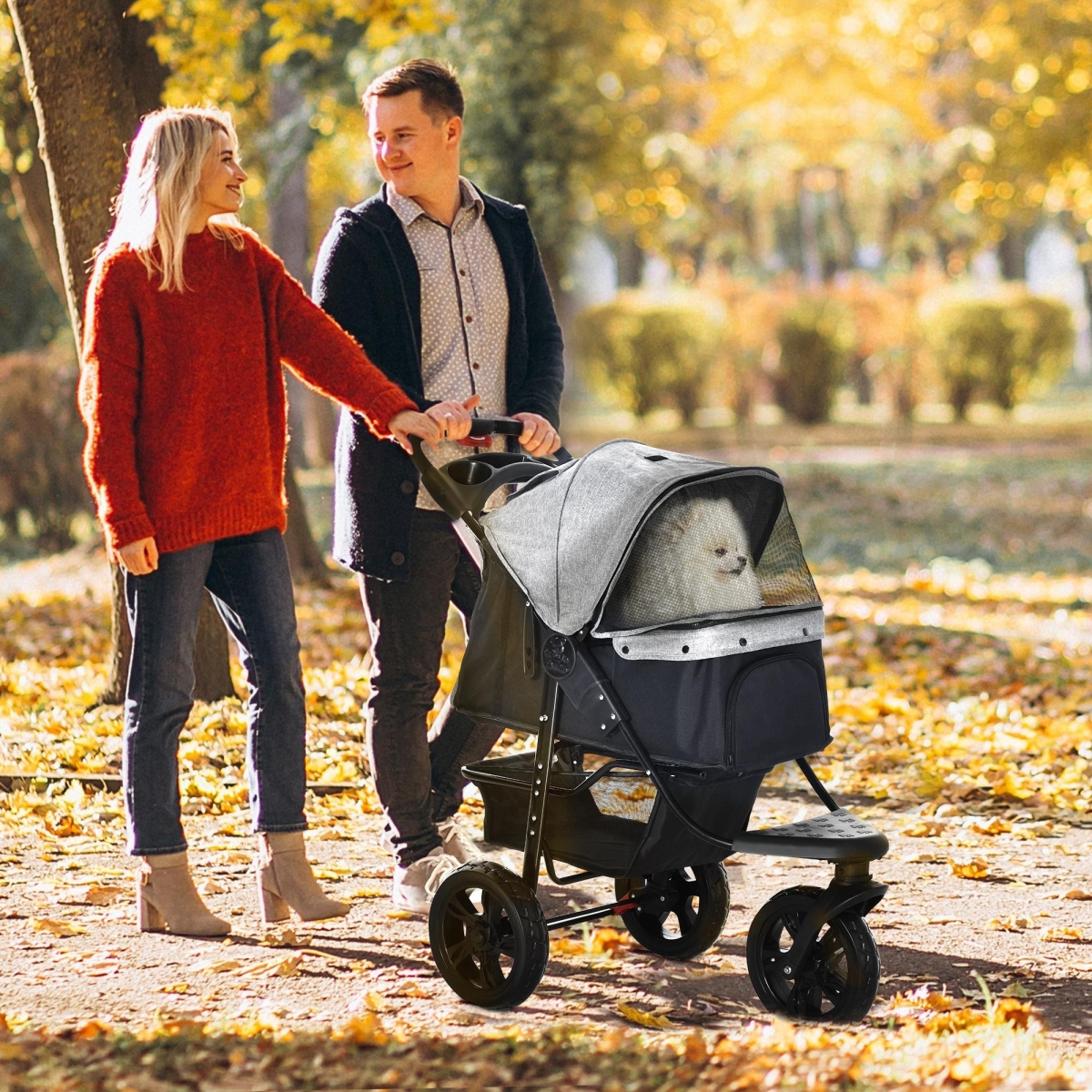 Folding 3 Wheel Pet Stroller Travel w/ Adjustable Canopy Storage Brake Grey - from Unbranded