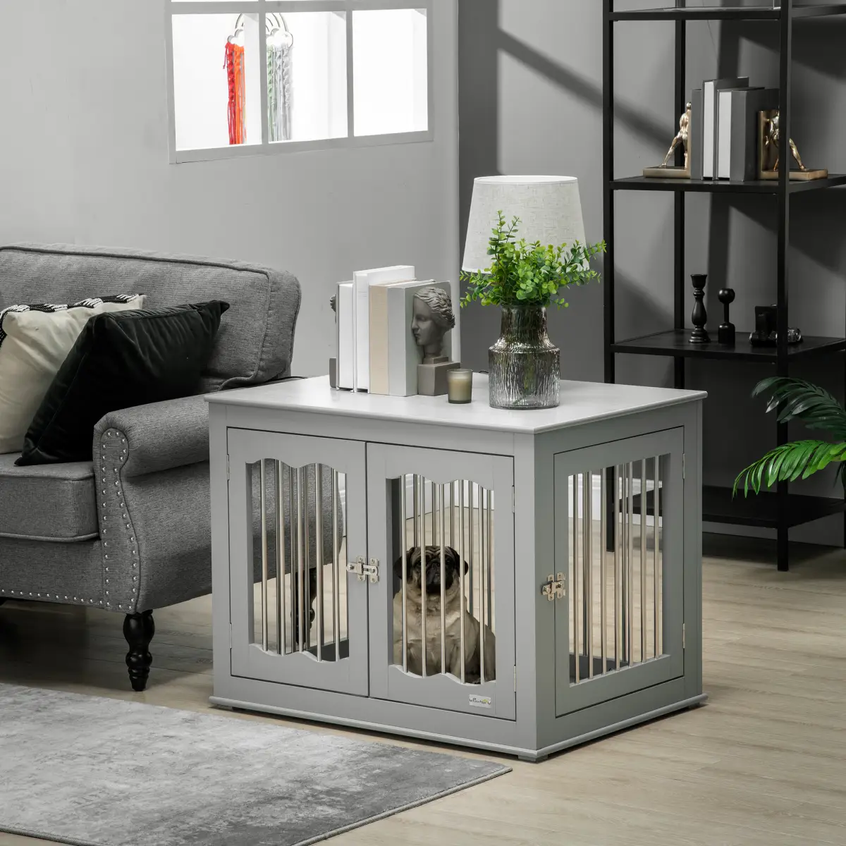 PawHut Wood Dog Crate Furniture W/ Three Doors, Locks & Latches, for Medium Dogs - Dog Crate