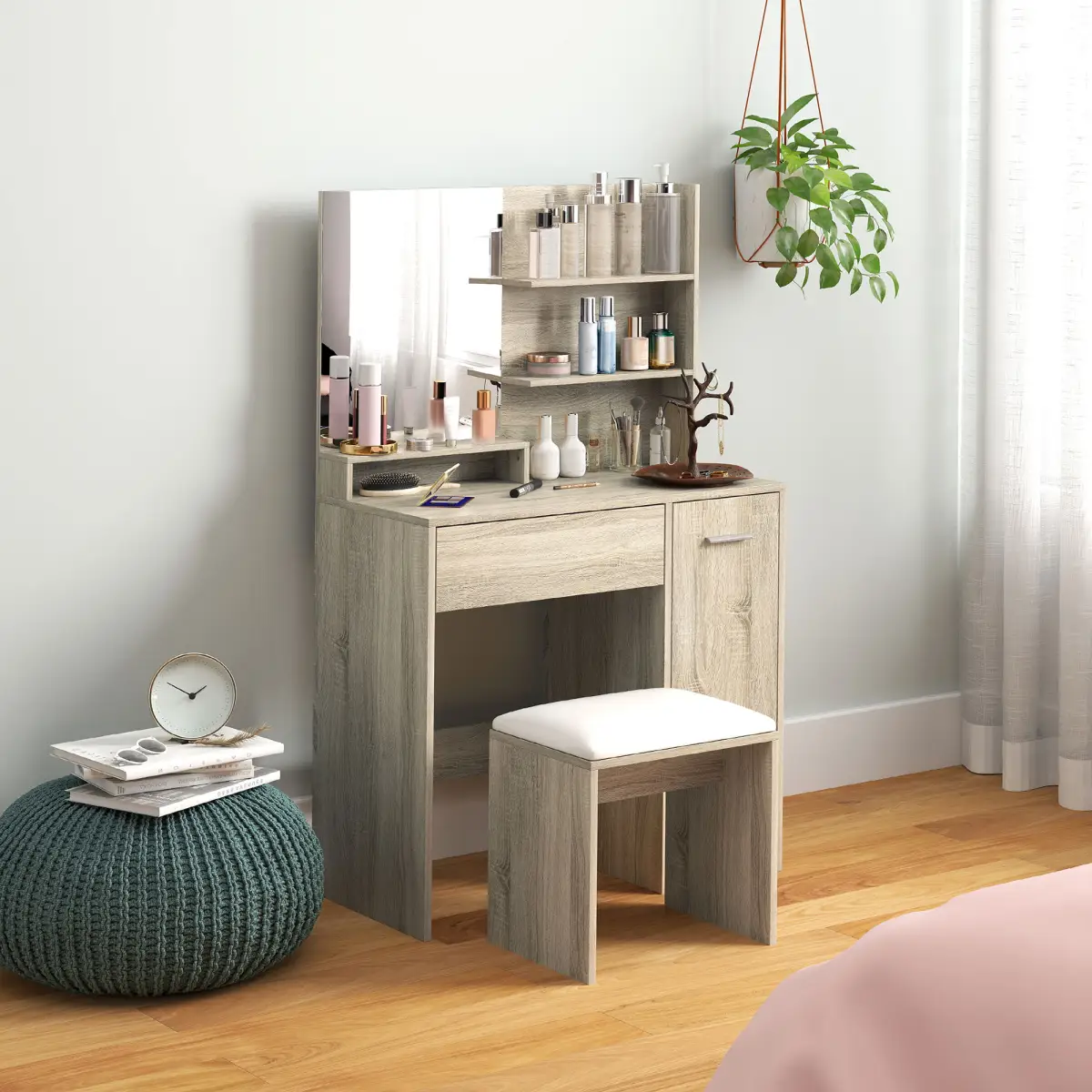 HOMCOM HOMCOM Dressing Table with Mirror and Stool, Makeup Desk for Bedroom - Desk