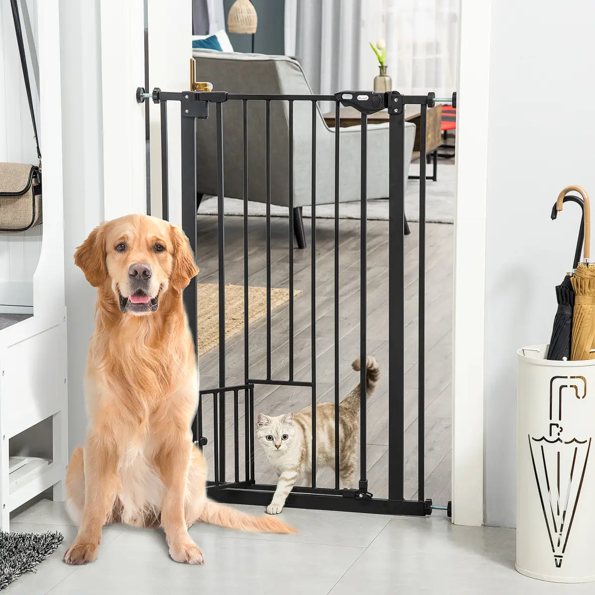 Extra Tall Dog Gate with Cat Door Auto Close for Stairs 74-80 cm Wide Pawhut - Pet Gate