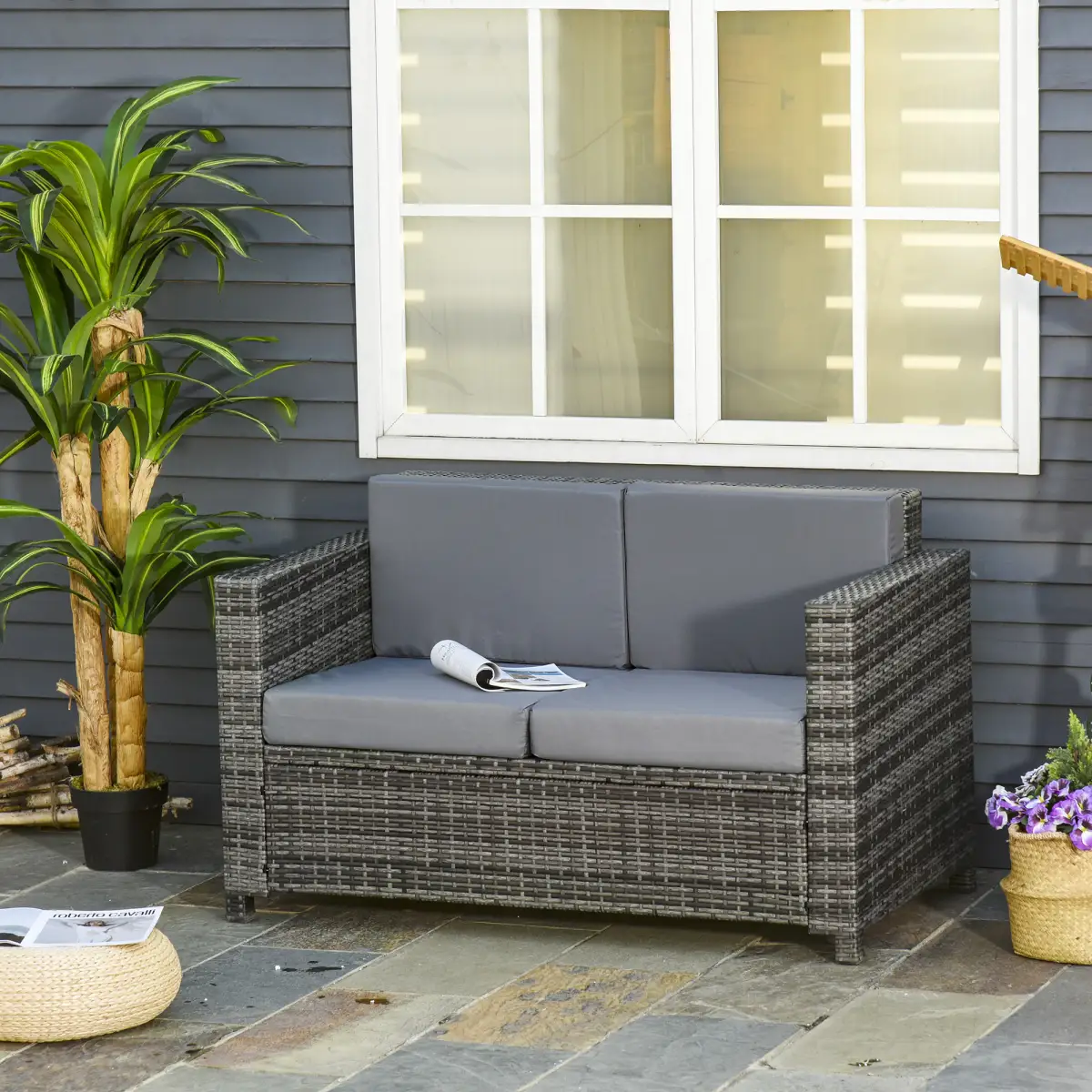 Outsunny Outsunny Rattan Wicker 2-seat Sofa Loveseat Padded Garden Furniture Grey - Garden Sofa Sets