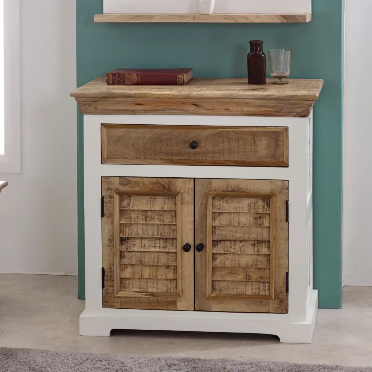 Alfie Mango Wood Sideboard 57x28x10cm 1 Drawer 2 Doors White Natural Finish Handcrafted In India For Living Room Storage - Indian Hub - Home Symphony