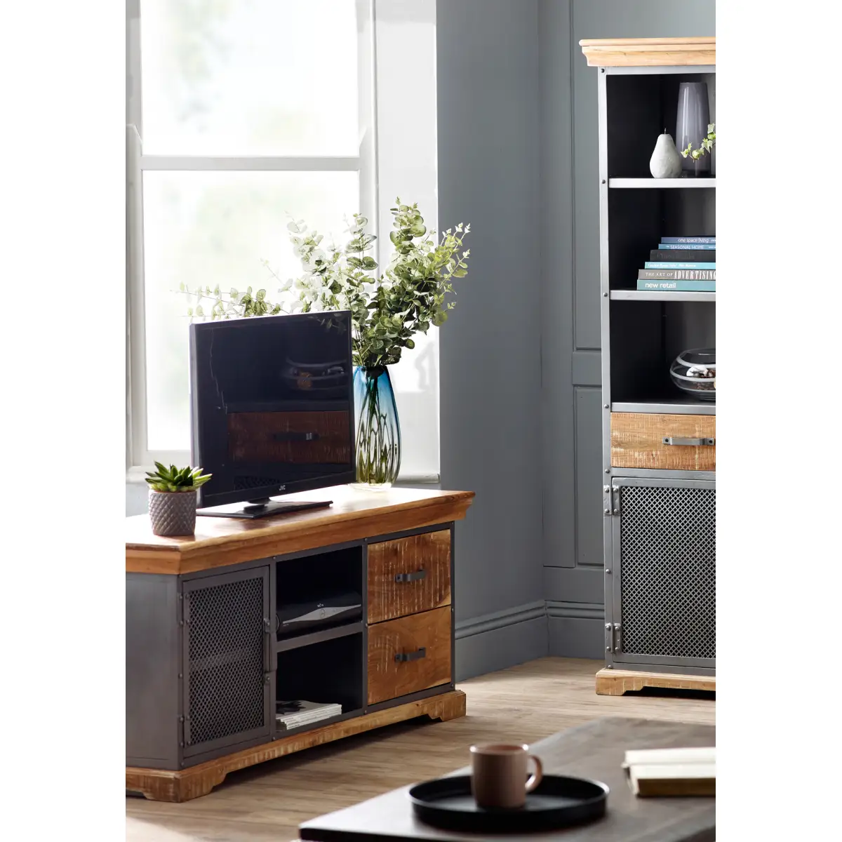 Indian Hub [Industrial-Style Media Console] TV Unit Brand: Indian Hub Reclaimed Wood And Metal Construction With Distressed Finish - TV Unit