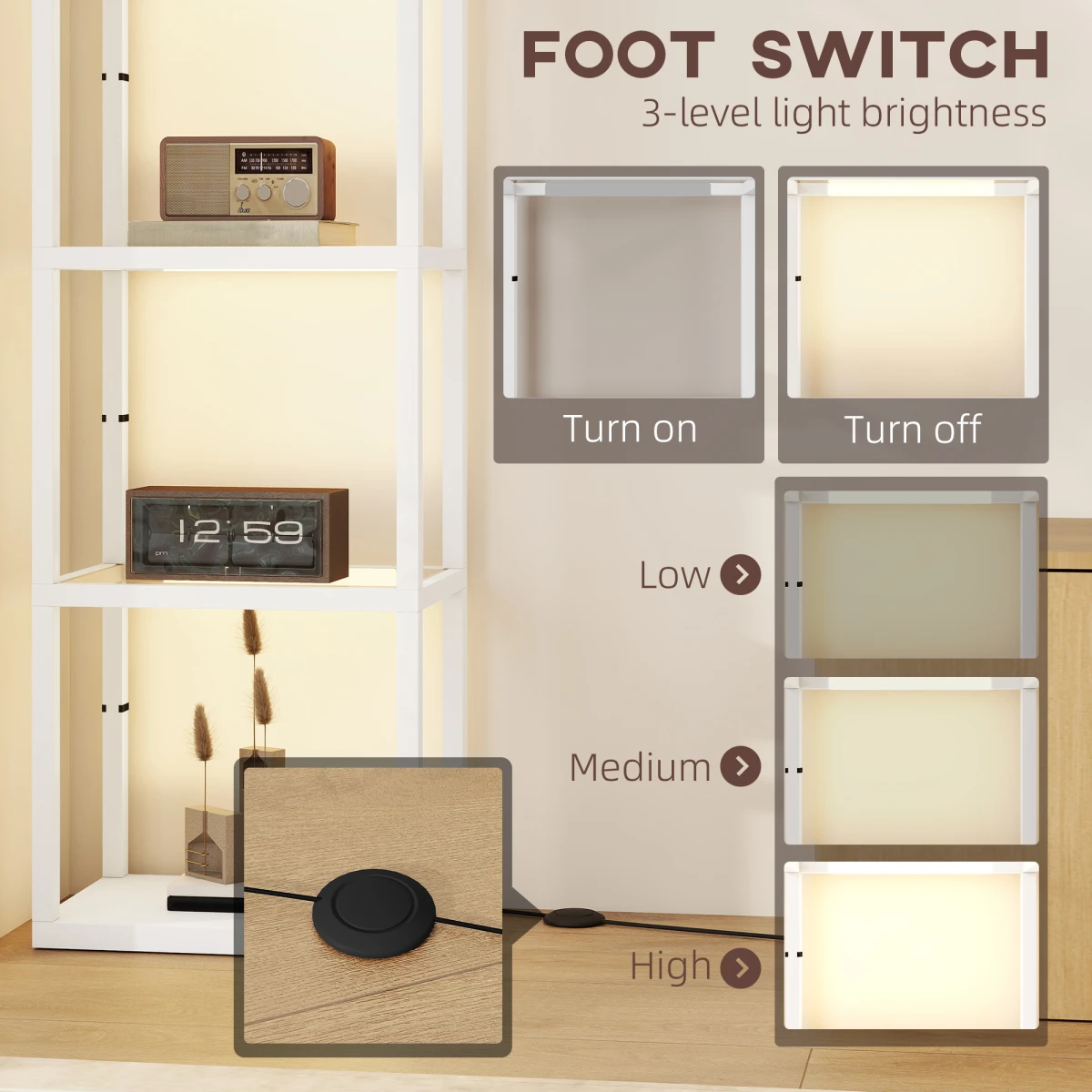 Premium Floor Lamp Tall Four Tier Display Shelves with Tempered Glass and Warm White LED for Home Decor by N/A