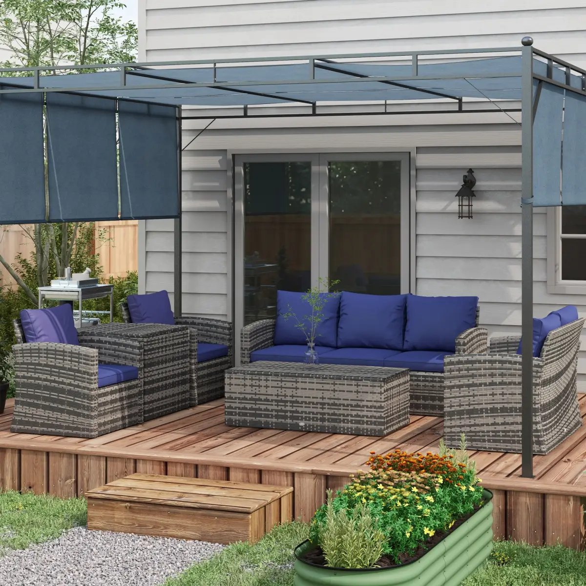 Outsunny Outsunny 6 PCS Patio Rattan Sofa Set Conversation Furniture Navy Blue - Garden Sofa Sets