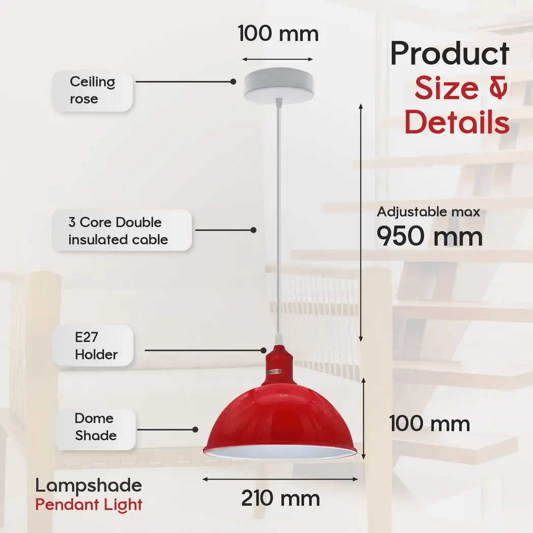 Un-branded 2Pack Dome Shaped Red Loft Style Sturdy Metal Lamp Shade Pendant Lights 21cm Bottom Spray Painted Finish Inner White - Ceiling Lights