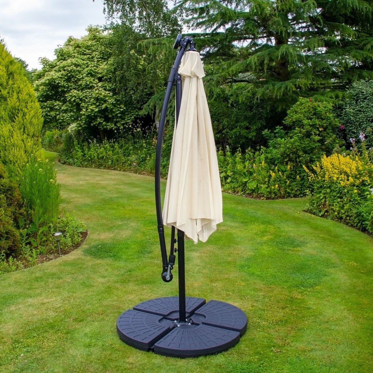 Monster Shop Cream Cantilever Parasol 3m LED Fan Base Garden - Uncategorized Parasol