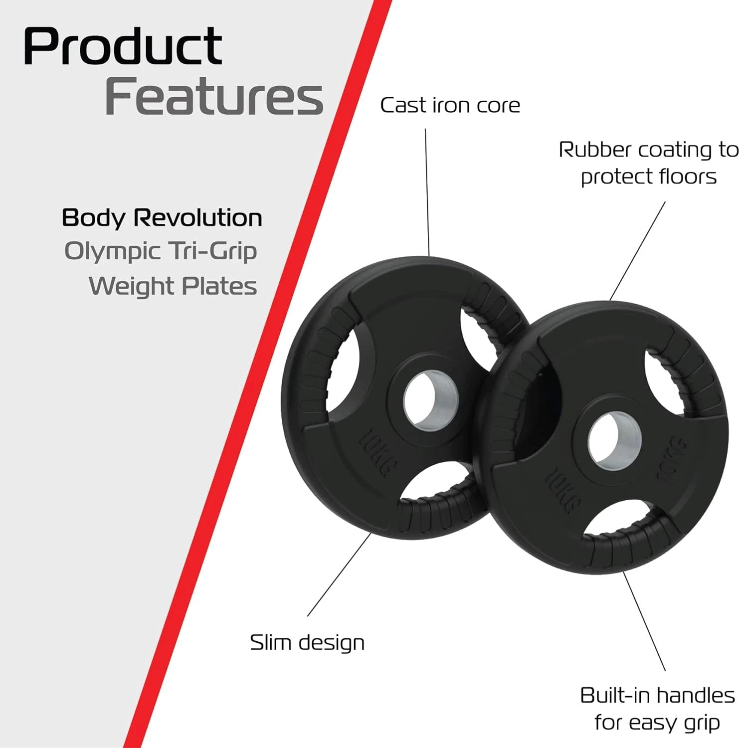 Monster Shop 2 x 10kg Olympic Tri-Grip Rubber Weight Black Plates -
