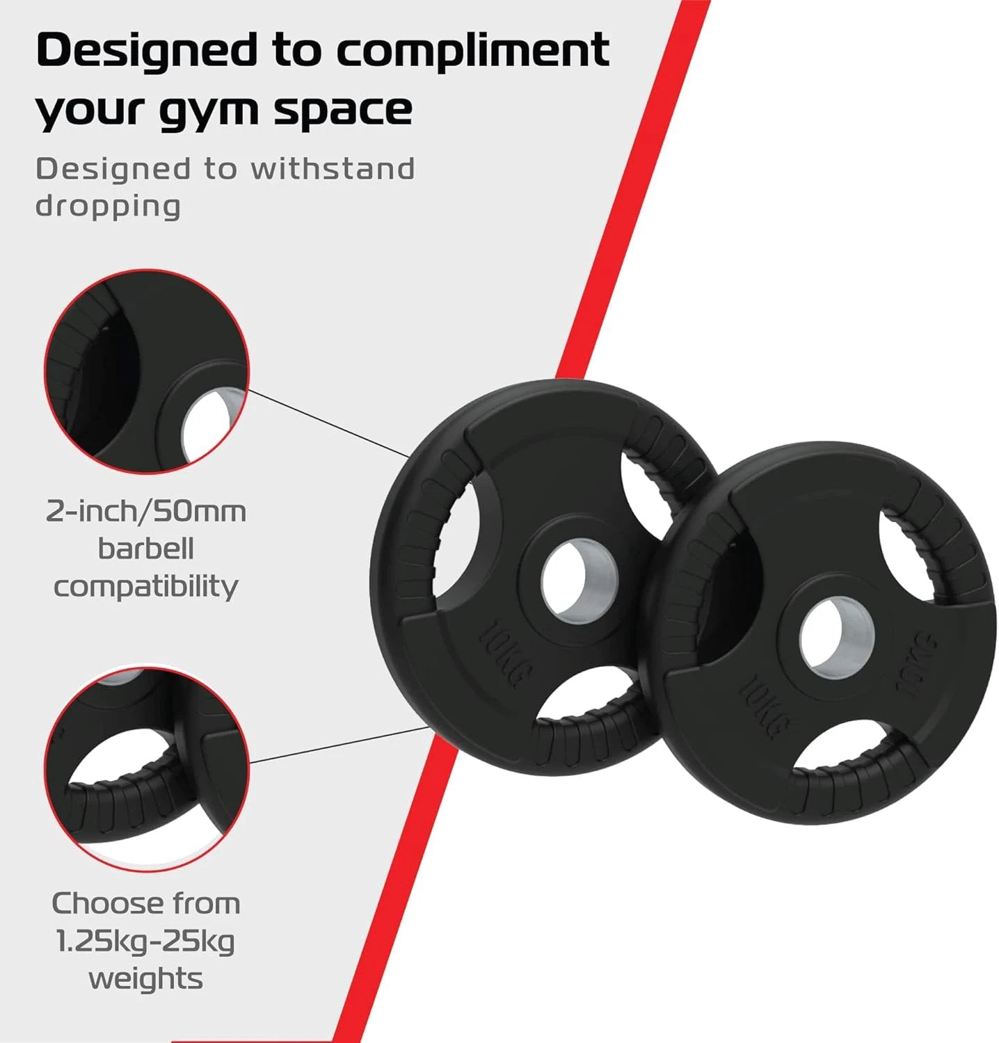 Monster Shop 2 x 10kg Olympic Tri-Grip Rubber Weight Black Plates -