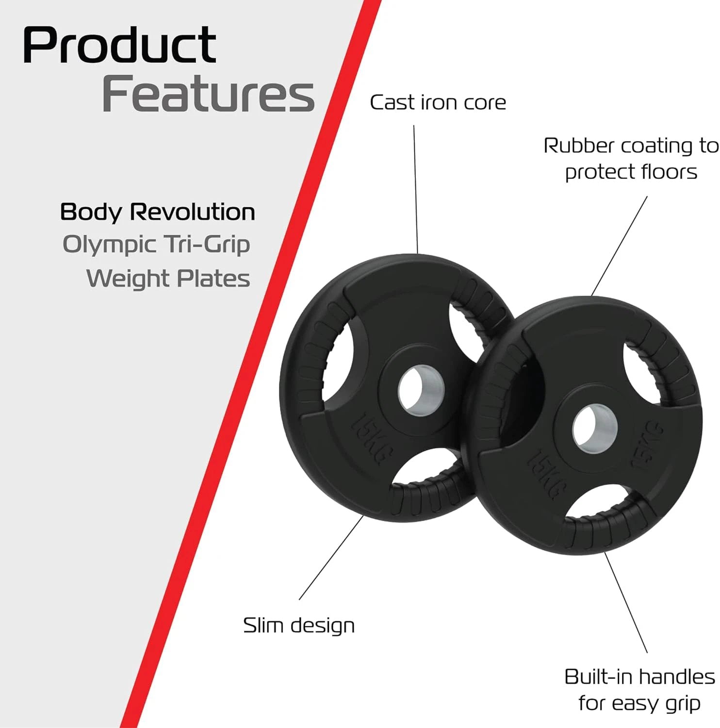Monster Shop 2 x 15kg Olympic Tri-Grip Rubber Weight Black Plates -