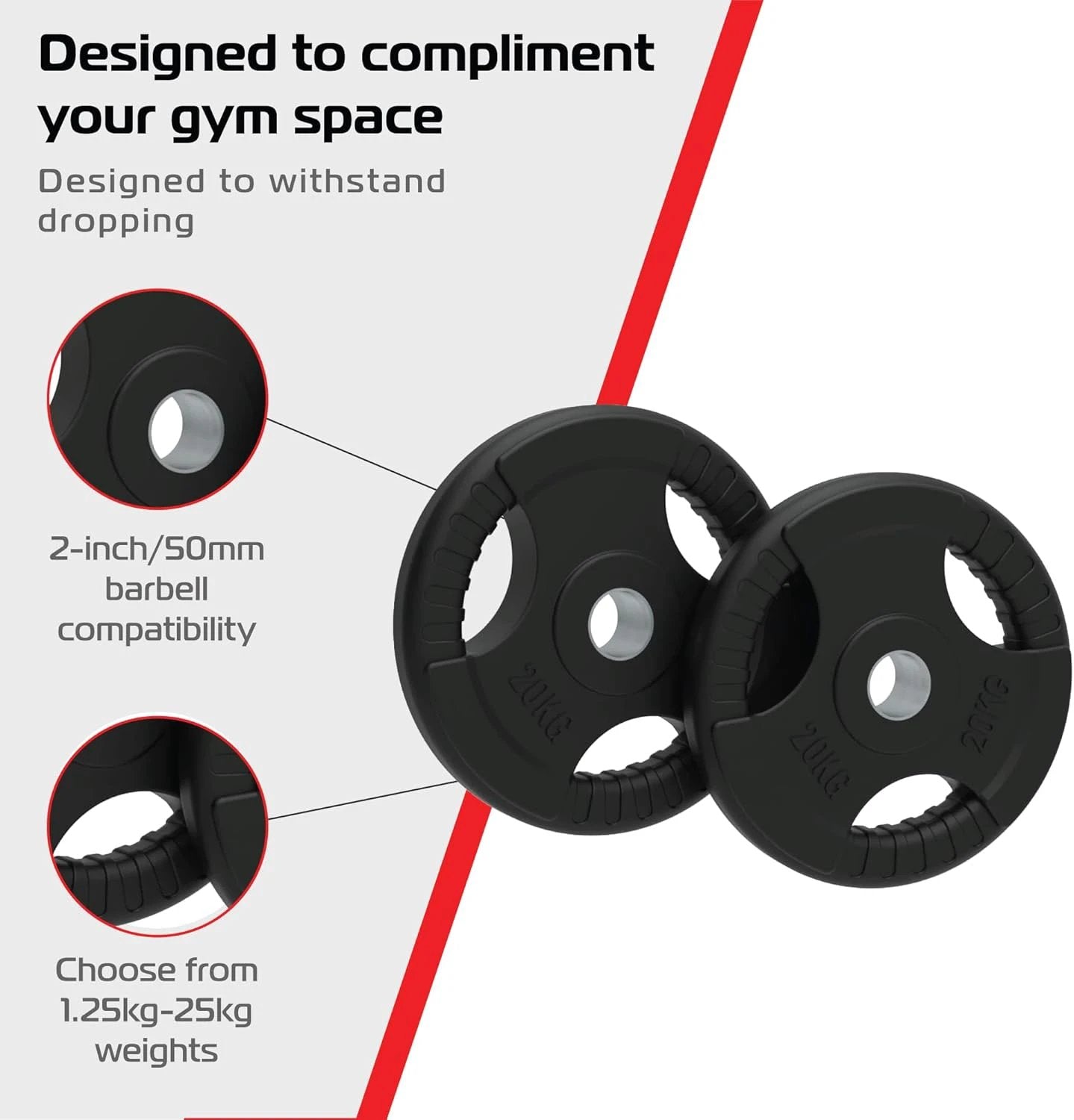 Monster Shop 2 x 20kg Olympic Tri-Grip Rubber Weight Black Plates -