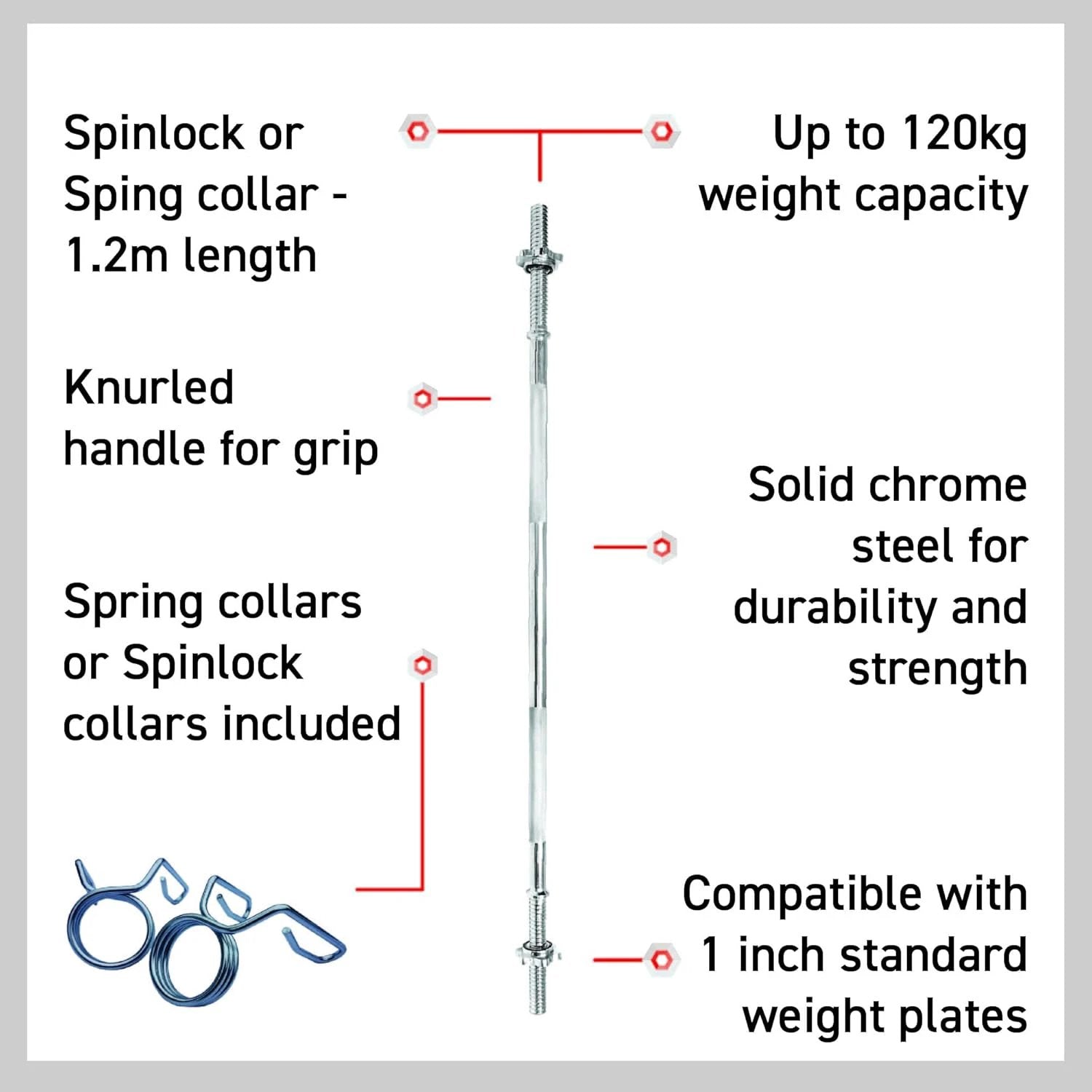 Monster Shop Straight Barbell Bar - 1" Standard 1.2m with Springlock -