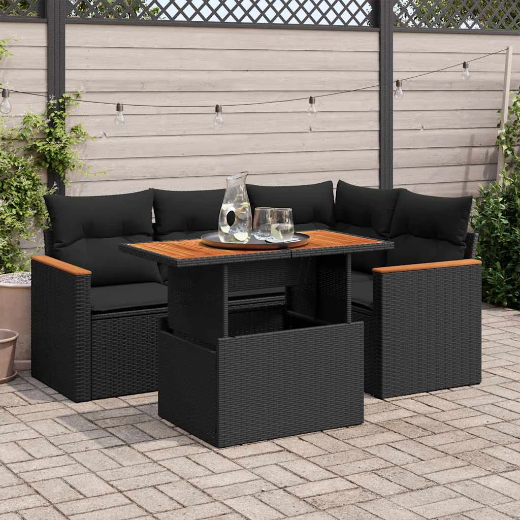 vidaXL 5 Piece Garden Sofa Set with Cushions Black Poly Rattan Acacia by vidaXL