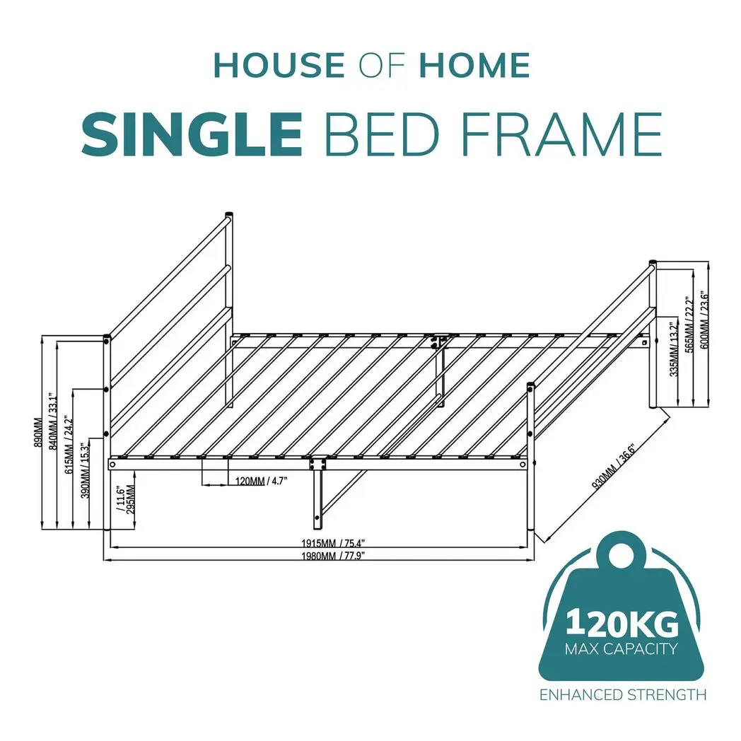 House of Home Extra Strong Single Metal Bed Frame In Black - Improved - Bed Frames