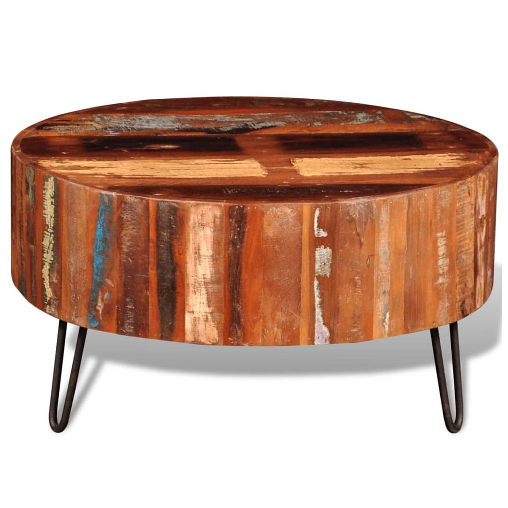 VidaXL Round Reclaimed Wood Coffee Table With Solid Top And Iron Hairpin Legs For Living Rooms by vidaXL