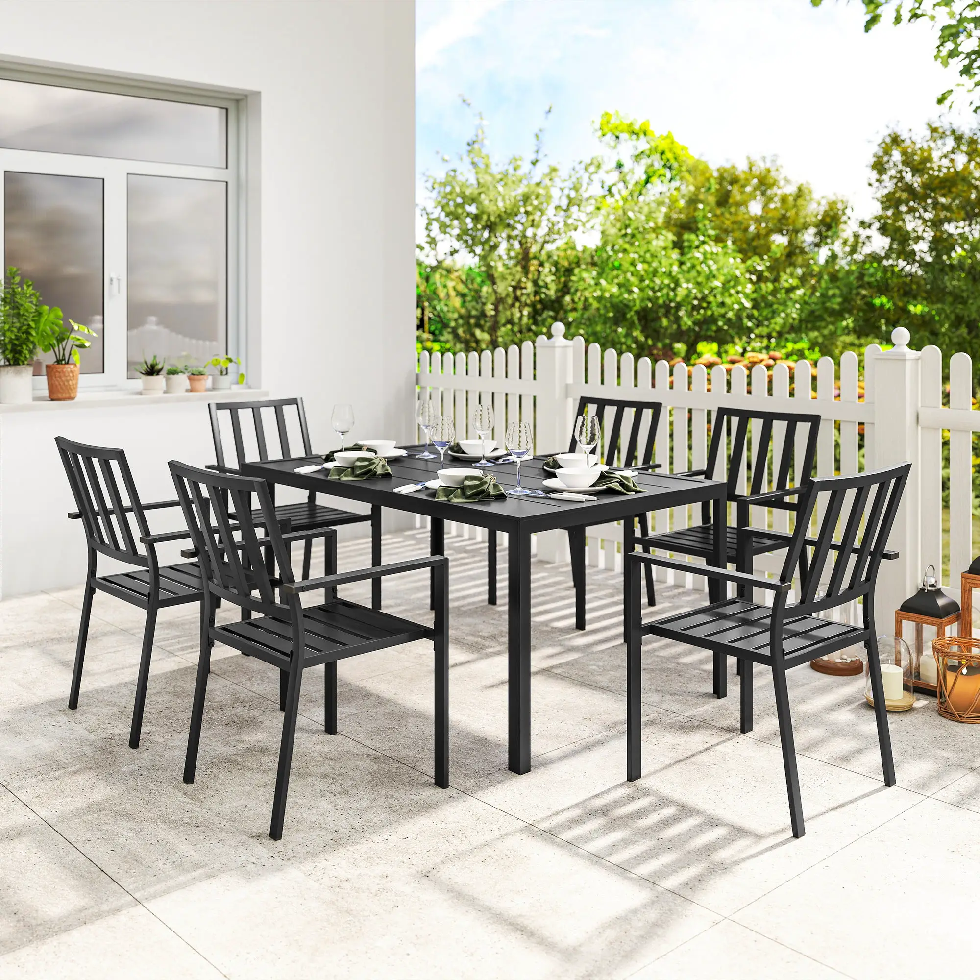 Outsunny Outsunny 7 PCs Garden Dining Set w/ Stackable Chairs and Metal Top Table, Black - Garden Set