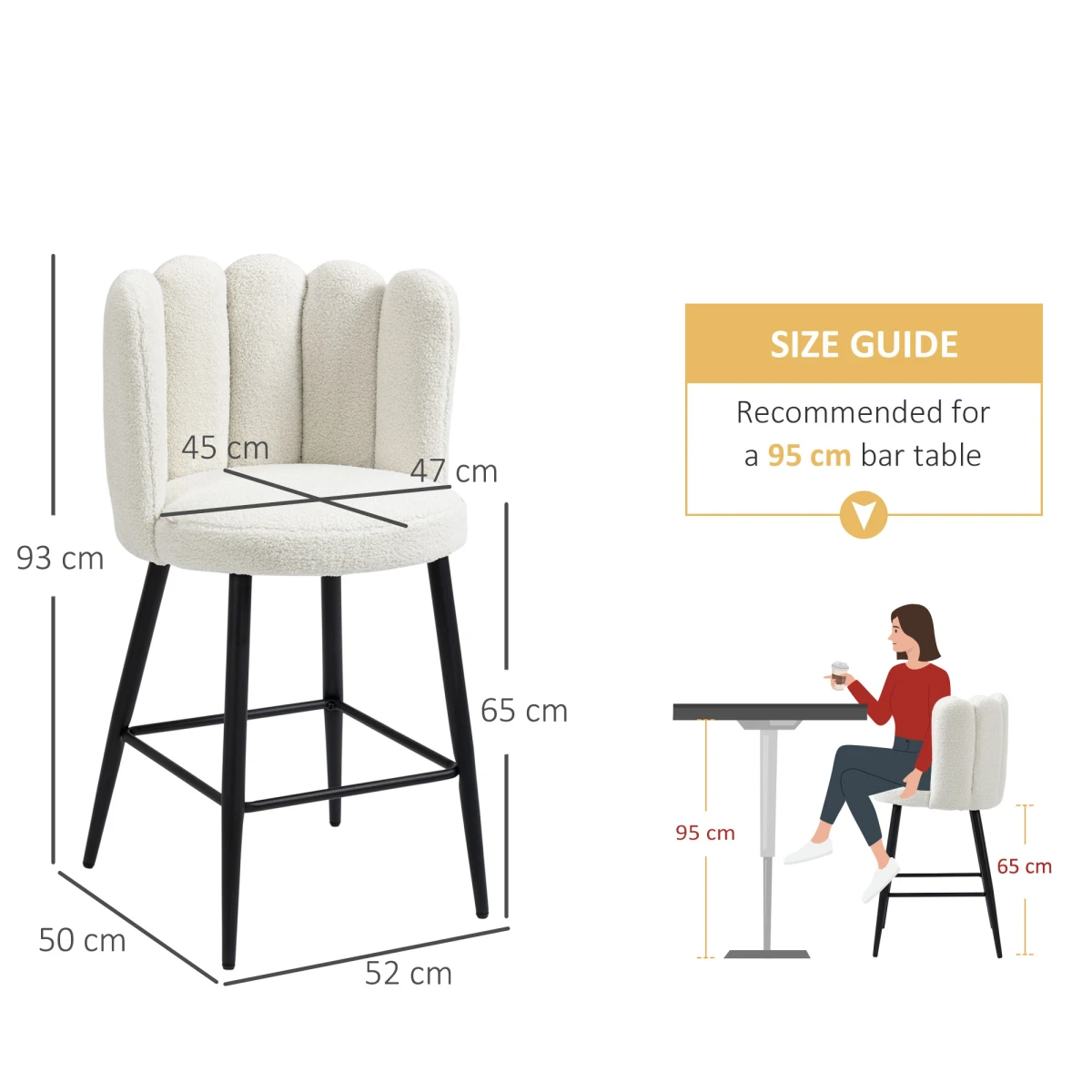 HOMCOM HOMCOM Bar Stool Set Of 2 With Backs Cream Cushioned Faux Cashmere Thick Foam With Adjustable Feet For Breakfast Bar - Bar Stool