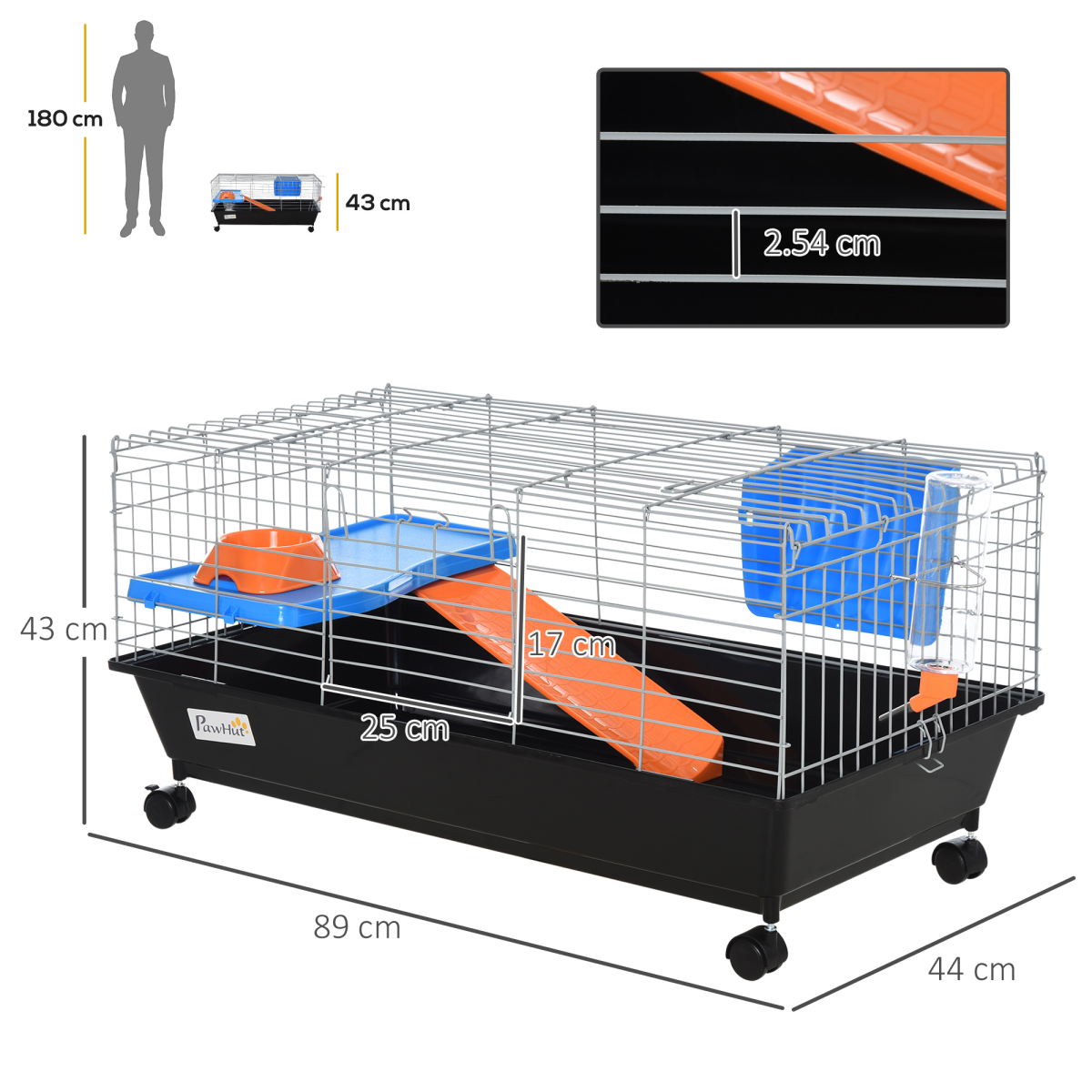89cm Small Animal Home Cage for Rabbit Ferret Chinchilla w/ Wheels Black - from Pawhut