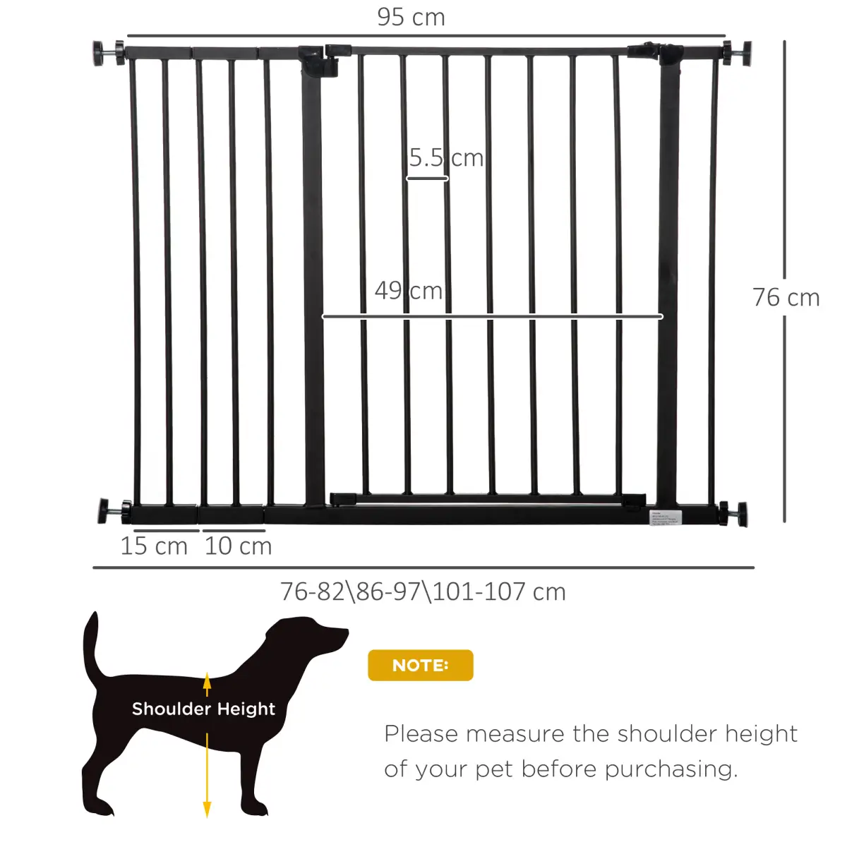 Pawhut Pressure Fit Dog Gate Pet Barrier for stairs doorway, 76-107cm Width Black - Pet Gate