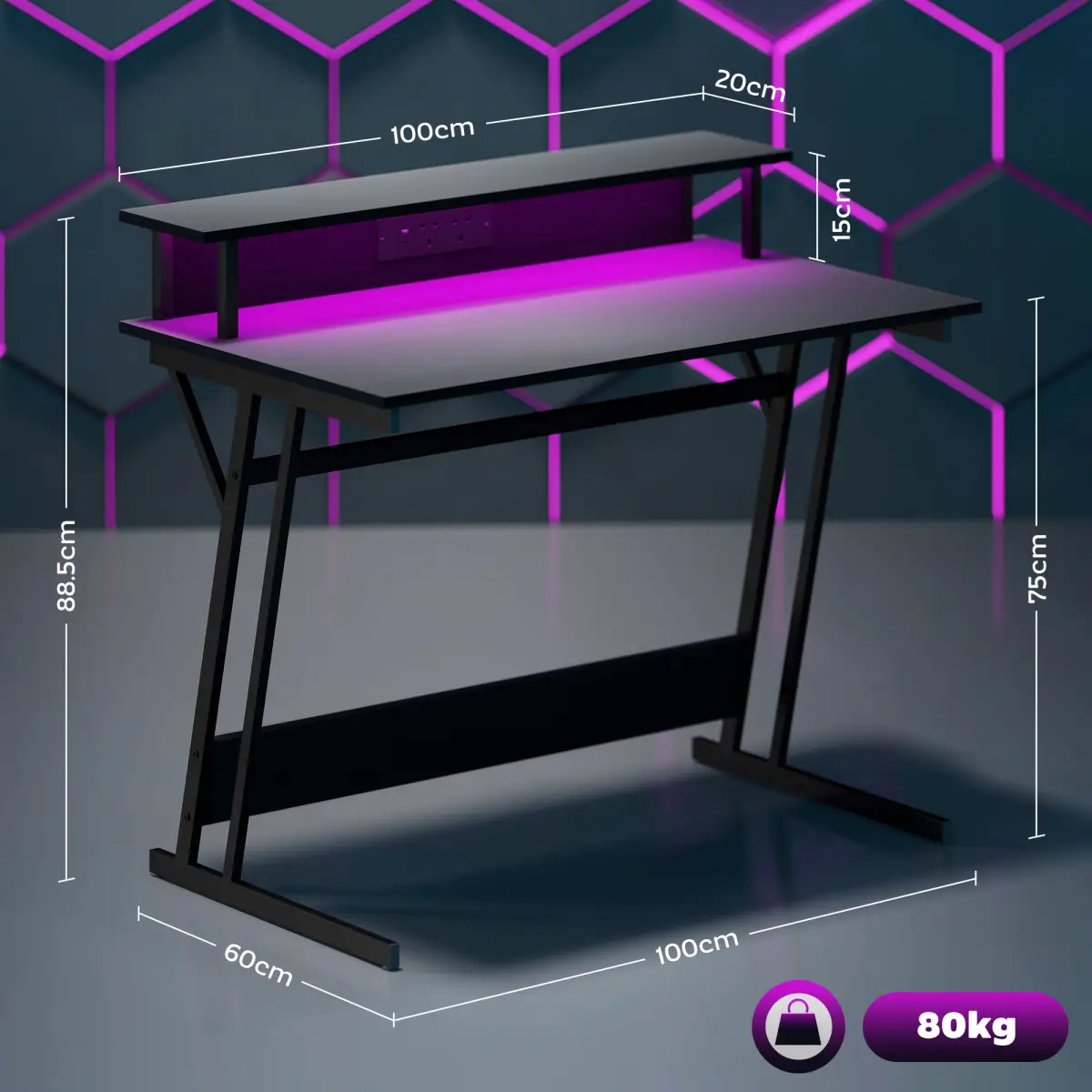 HOMCOM HOMCOM LED Gaming Desk with Power Outlets and Monitor Stand 100 x 60cm Black - Desk