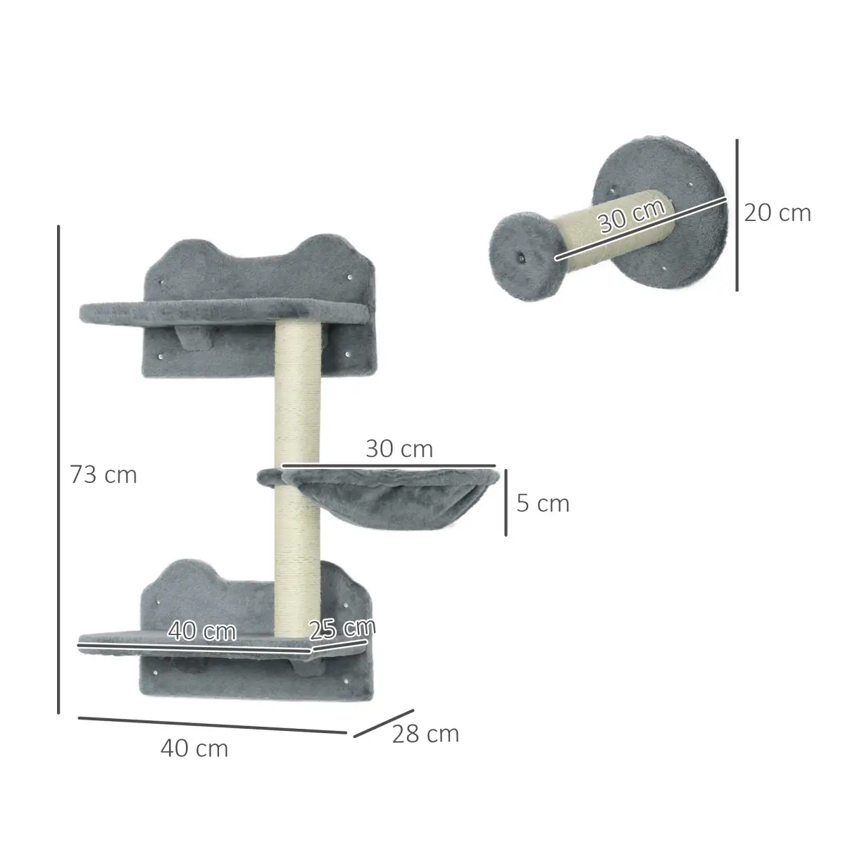 PawHut Cat Shelf with Scratching Post, Wall-Mounted Cat Tree for Indoor Cat - Grey - Cat Tree