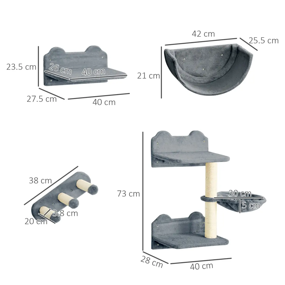 PawHut PawHut 4PCs Wall Mounted Cat Tree Cat Wall Shelves W/ Scratching Post Grey - Cat Tree