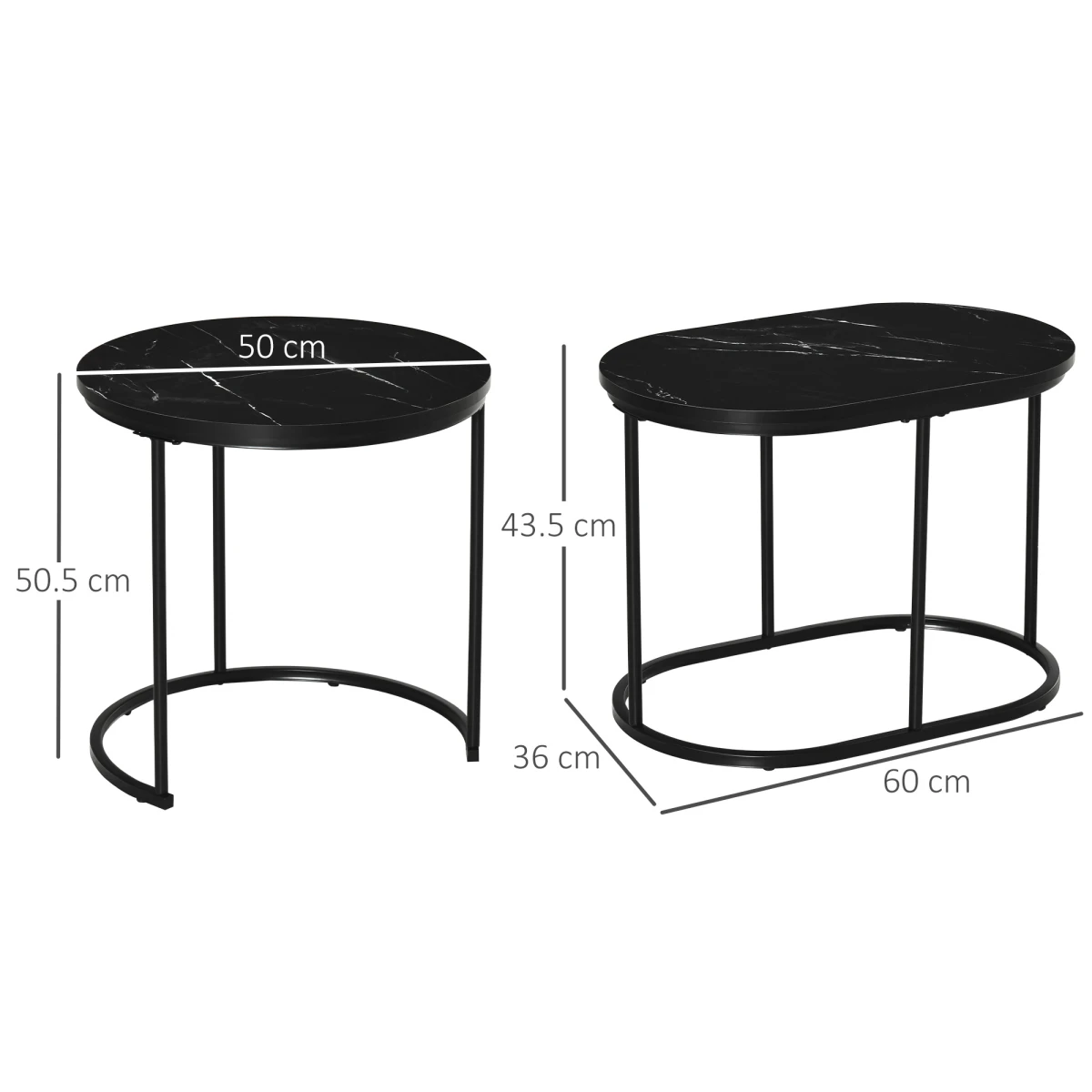 HOMCOM HOMCOM Two Piece Marble Top Side Tables Round And Oval Black Steel Frames Living Room Set - Coffee Table