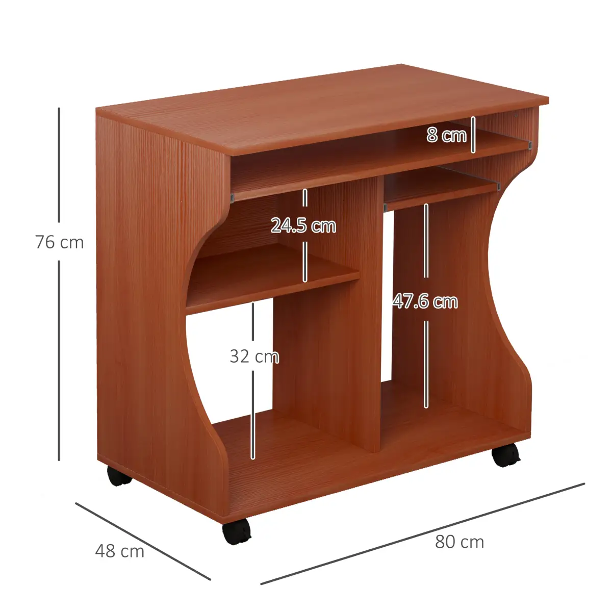 HOMCOM Computer Desk Laptop Writing Table Storage Shelf Workstation Wheels-Cherry Wood - Desk