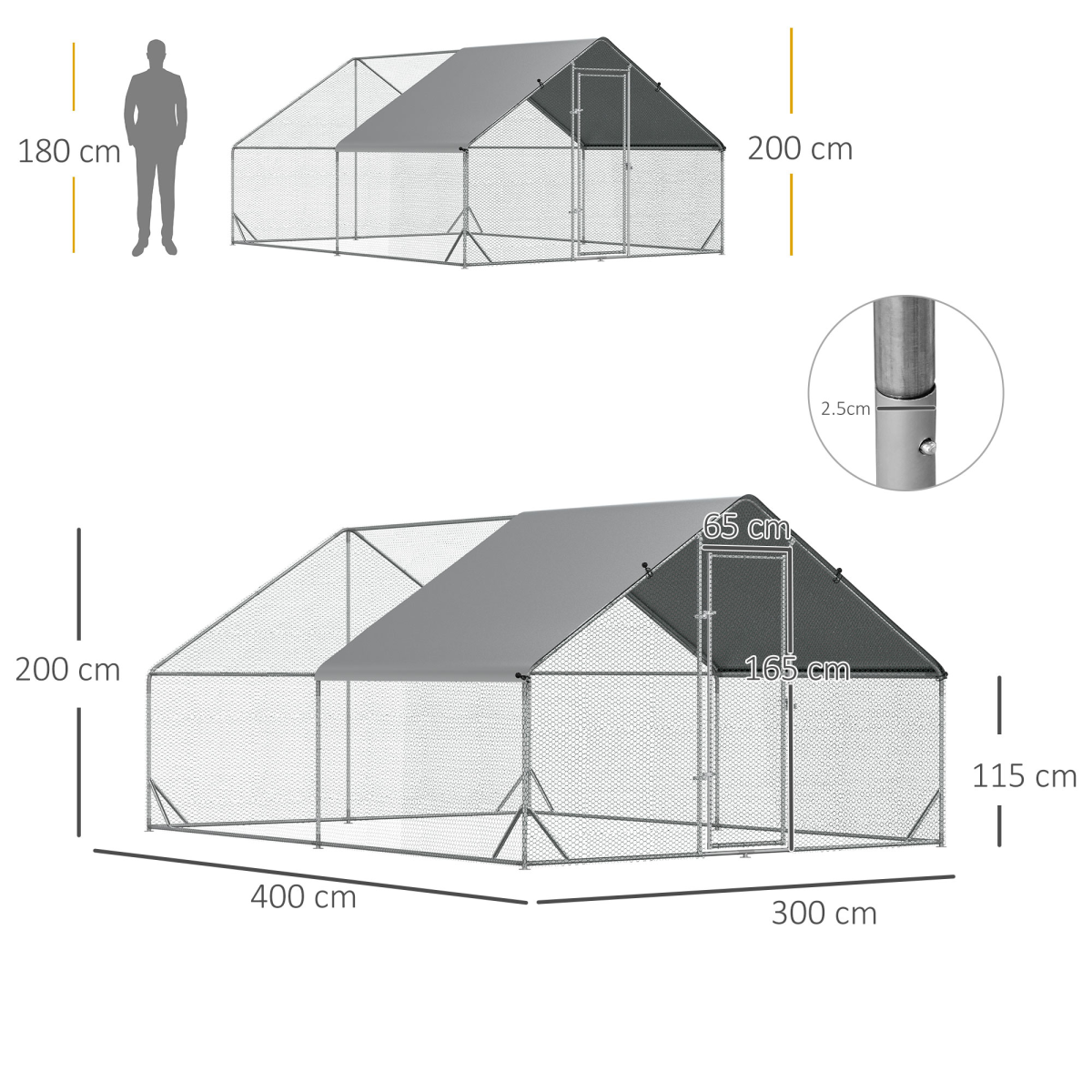 Walk In Chicken Run Large Galvanized Chicken Coop w/ Cover 3 x 4 x 2m Pawhut - from Unbranded