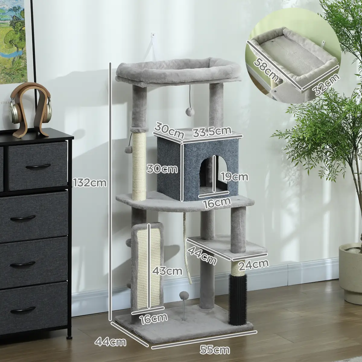 PawHut PawHut 132cm Cat Tree for Indoor Cats w/ Scratching Posts, Light Grey - Cat Tree