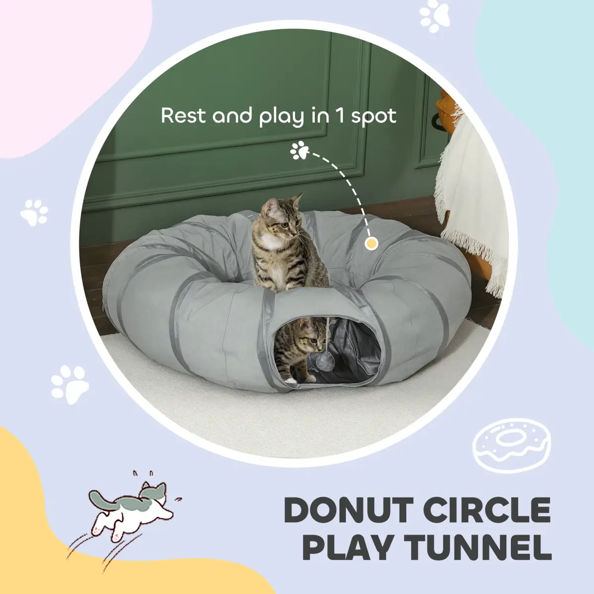 PawHut PawHut 2 in 1 Cat Tunnel with Bed, Cat Play Tunnel for Indoor Cats, Grey - Cat Beds