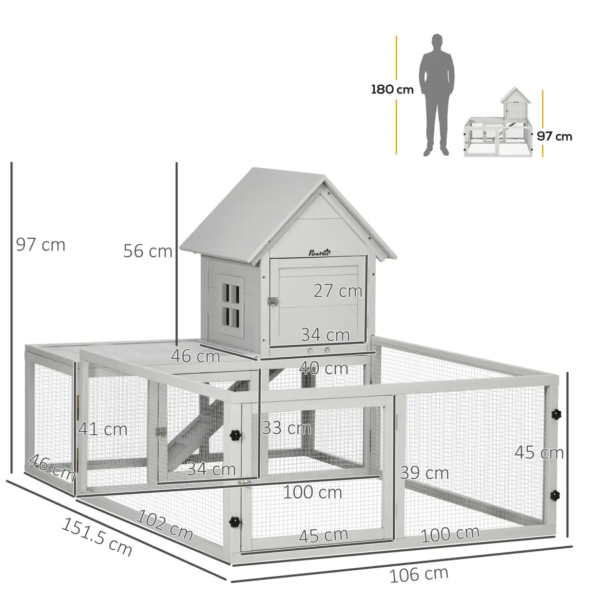 PawHut PawHut Rabbit Hutch Guinea Pig Cage w/ Slide-Out Tray, Fenced Area - Rabbit Hutch