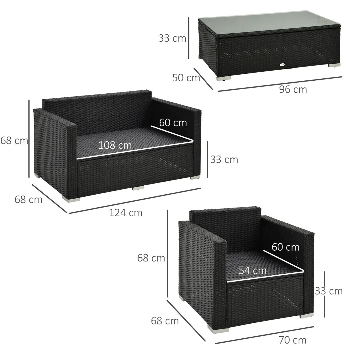 Outsunny 4 Pieces Rattan Sofa Set, Steel-Black - Garden Sofa Sets