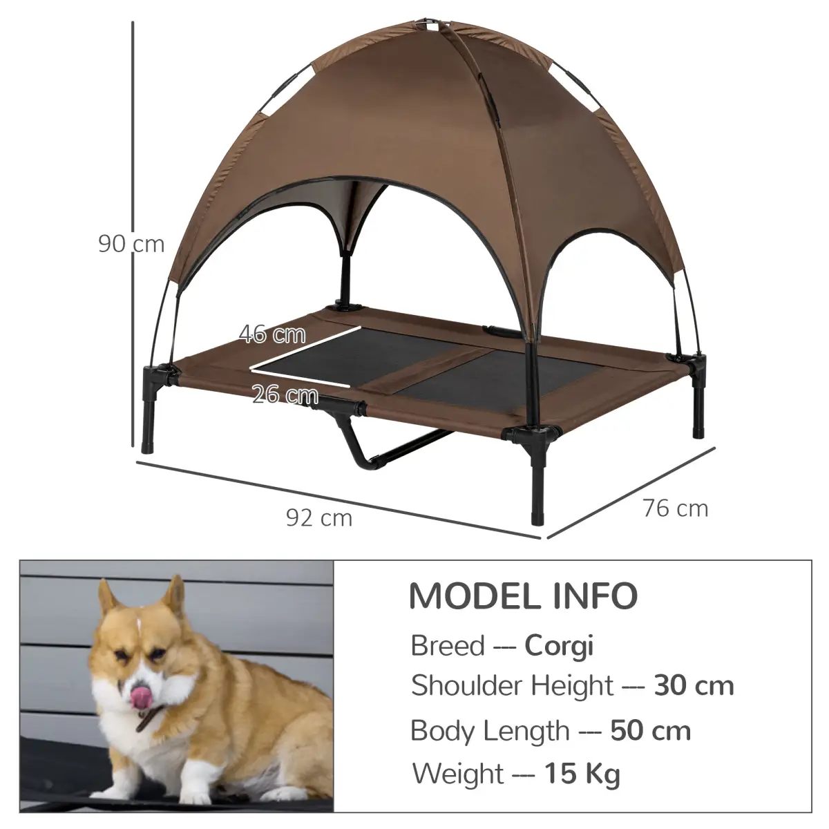 PawHut 92 cm Elevated Pet Bed Dog Cot Tent with Canopy Instant Shelter Outdoor Coffee - Dog Beds