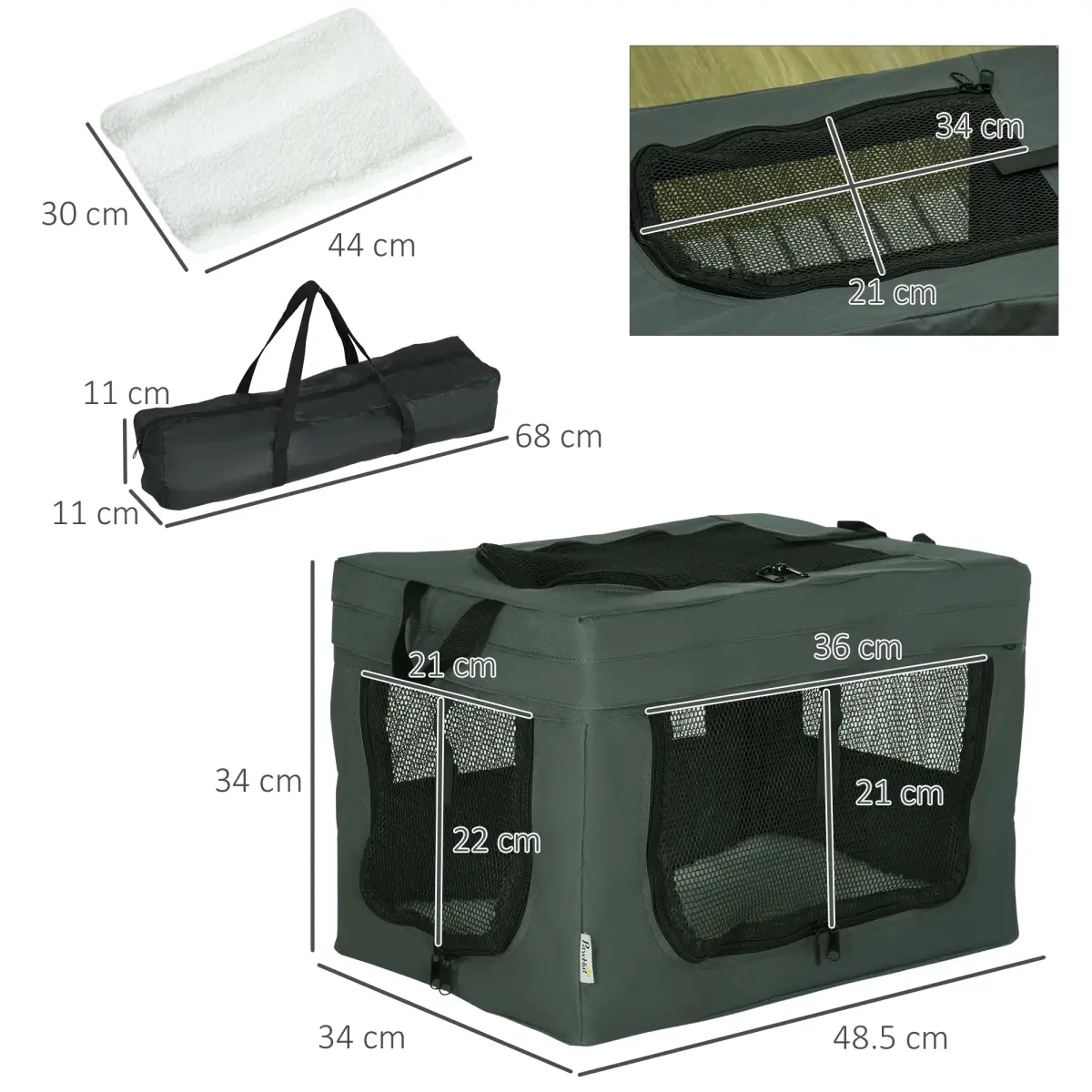 PawHut 48.5cm Foldable Pet Carrier, Cat Bag w/ Cushion, for Miniature Dogs - Grey - Pet Carrier