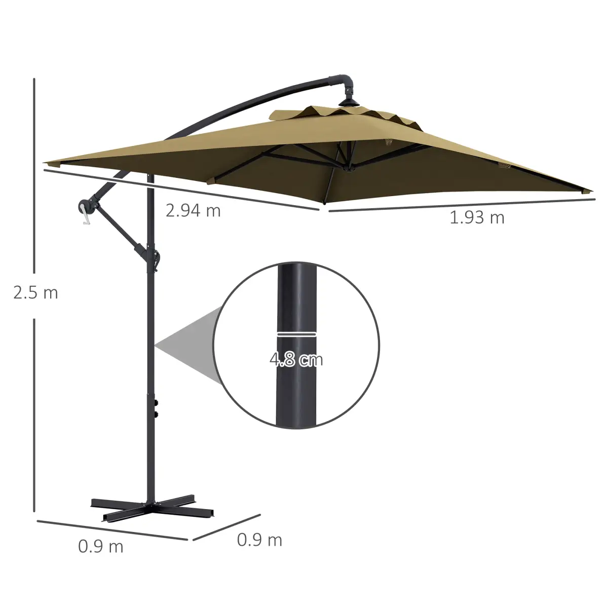 Outsunny Outsunny 3 m Cantilever Parasol with Cross Base, Crank Handle, 6 Ribs, Brown - Parasol